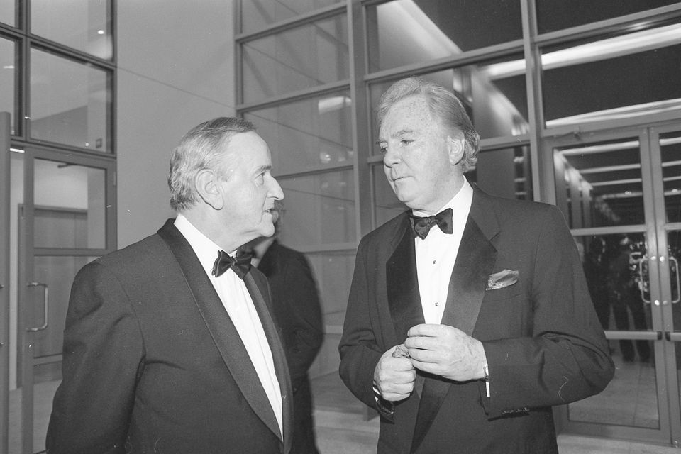 Former Taoiseach Albert Reynolds with Tony O'Reilly at the opening of O'Reilly Hall at UCD's Belfield Campus, November 1994.