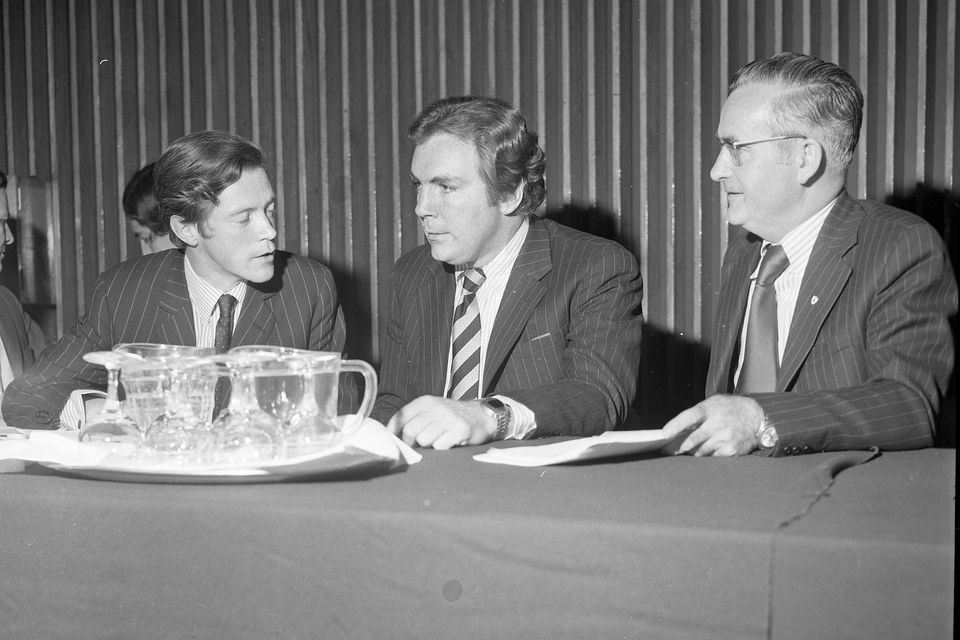 Left: Rodney Murphy, Tony O'Reilly and Bartle Pitcher at the Independent Newspapers Extraordinary General Meeting in the Shelbourne Hotel, Dublin in 1973.