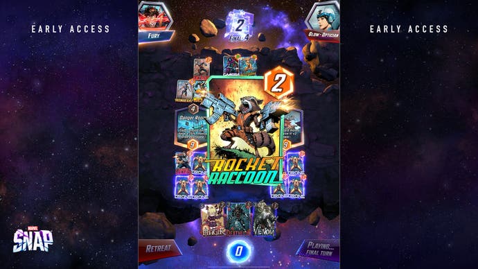 Marvel Snap digital card game.  The Rocket Raccoon map dominates the screen here.  It is bright and colorful.
